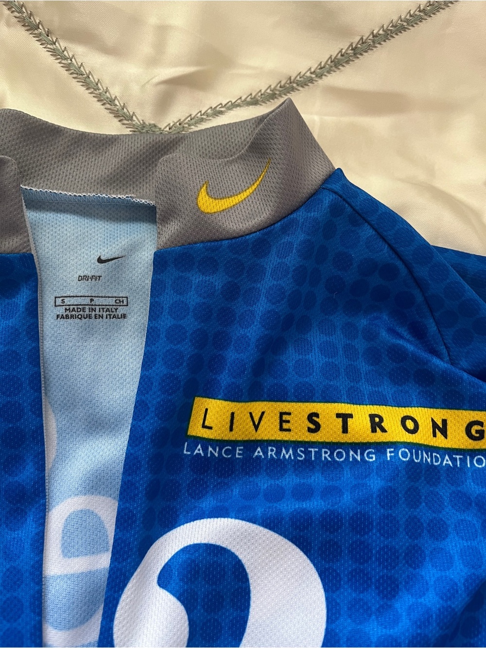 Collector Nike Gray and Blue Livestrong Cycling Jersey with Yellow Details